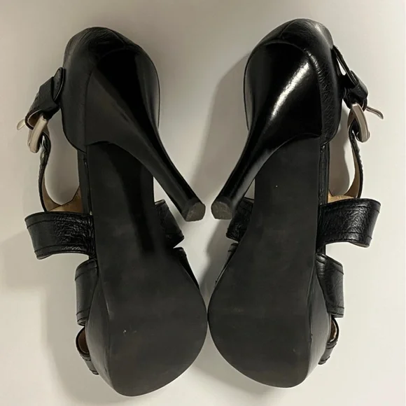 Michael Kors Black Leather Brushed Nickel Studded Buckle Platform Heels 7.5M - Picture 9 of 13